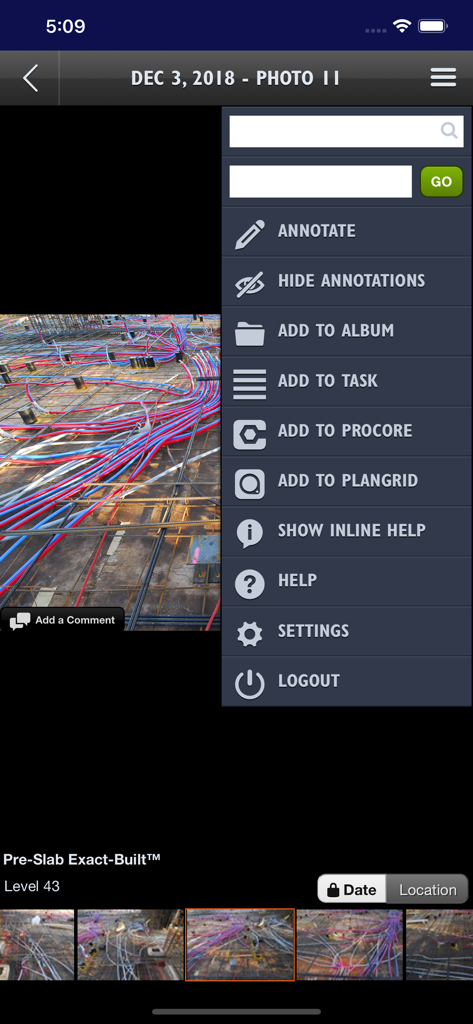 Multivista - Multivista mobile app menu displaying options to annotate site photos and integrate with Procore or PlanGrid for construction project management