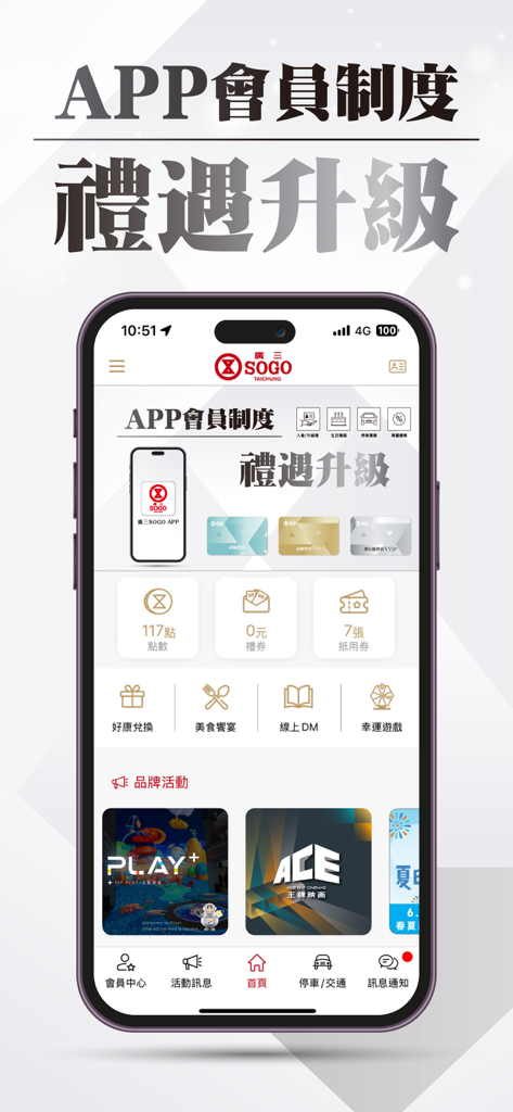 Kuang San SOGO app home screen with membership points and rewards dashboard