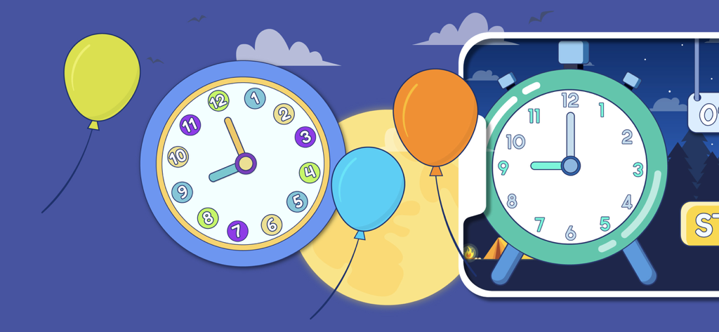 Educational interface for kids learning to tell time with colorful clocks and balloons