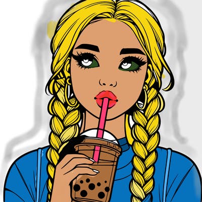 realistic girl with braided hair drinking boba