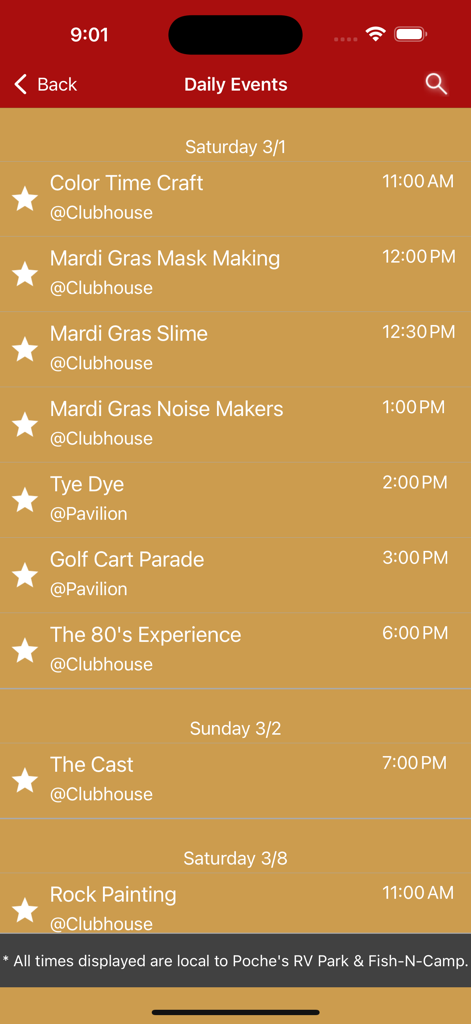 Poches RV Park - Daily events schedule in the Poches RV Park app featuring activities like Mardi Gras mask making and golf cart parade