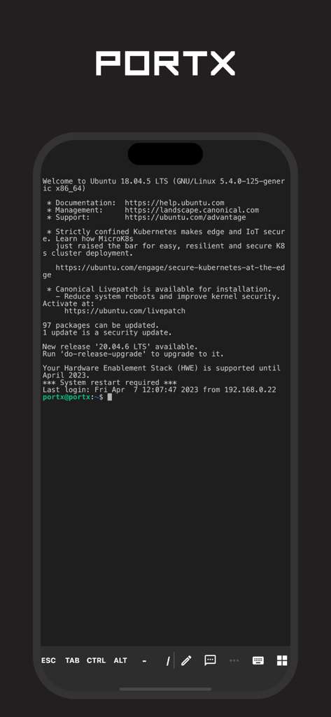 PortX - SSH, SFTP Client - PortX mobile SSH-Client-Oberfläche mit einer aktiven Ubuntu-Serversitzung auf einem iPhone