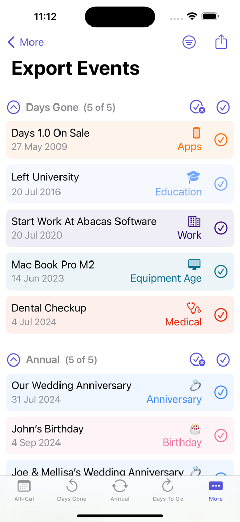 days - Export events screen in the days app displaying a list of life milestones and anniversaries categorized by past and annual dates.