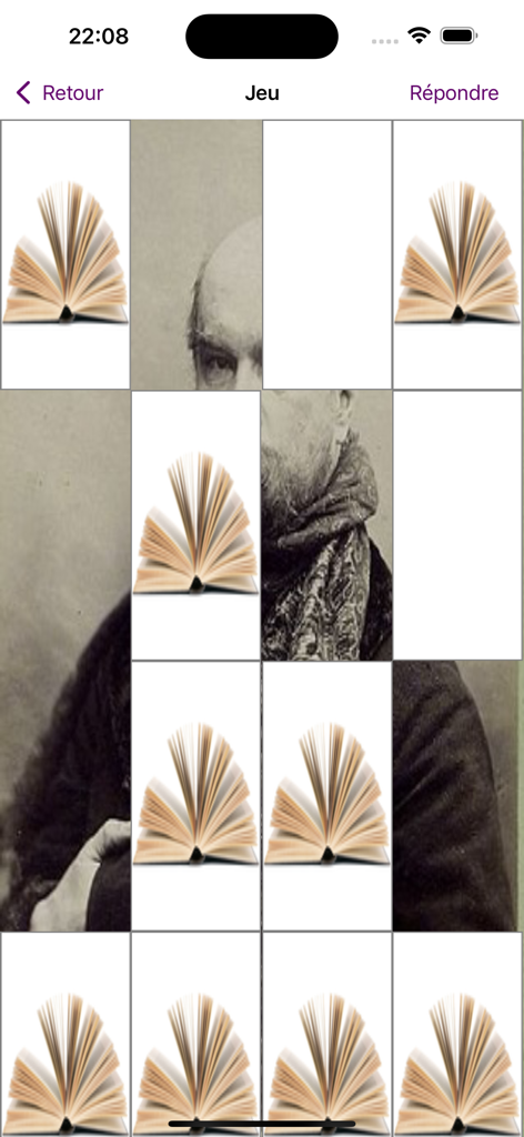 Un Texte Un Jour - Interfaz de un juego de puzzles dentro de la aplicación Un Texte Un Jour con una cuadrícula de retratos de autores literarios e íconos de libros abiertos