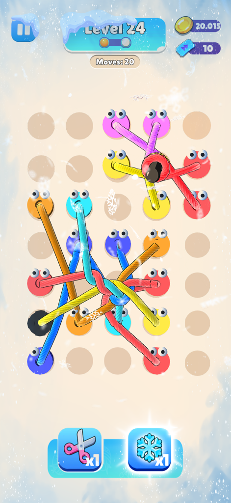 Rope Tangle 3D - Puzzle Game - A 3D puzzle game screen showing colorful tangled ropes and character pins in a snowy winter theme