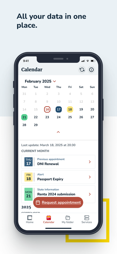 Mi carpeta Ciudadana - Vista de calendario de la app Mi Carpeta Ciudadana que muestra citas gubernamentales y alertas de caducidad de documentos