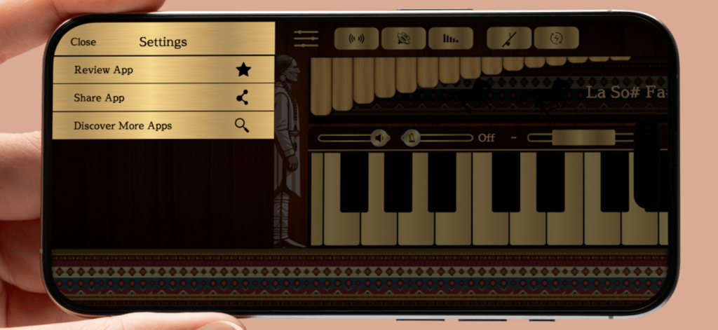 Menú de configuración de la aplicación móvil Pan Flute Sim mostrando opciones para revisar y compartir