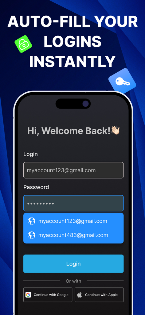 A smartphone displaying the autofill feature for login credentials within the Authenticator 2FA app.