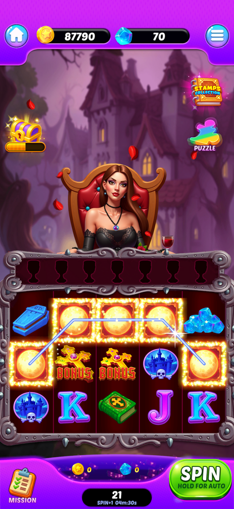 Jackpot Realms - Gothic vampire themed slot machine interface in Jackpot Realms mobile game featuring a woman in a black dress and a haunted castle background.