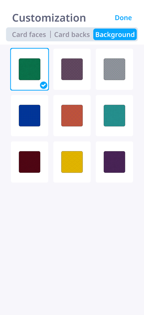 Selection of solid color and patterned backgrounds for the Solitaire Daily Patience game