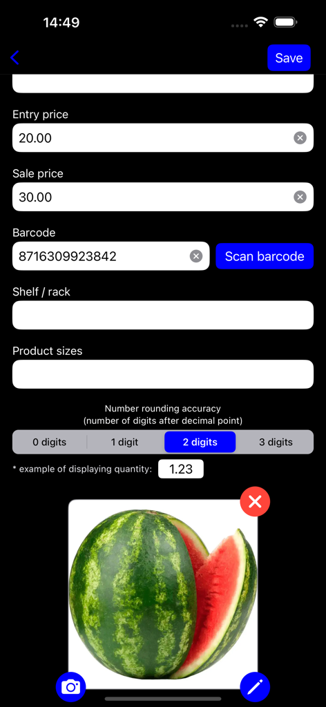 Warehouse accounting - Product details entry screen in the Warehouse accounting app featuring price fields barcode scanner button and product photo