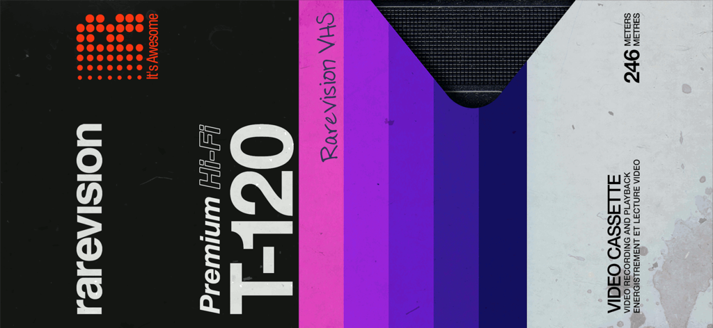 Rarevision VHS: Retro Cam - A retro VHS cassette tape label design featuring colorful stripes and Rarevision branding