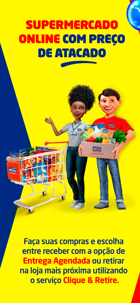Tenda Atacado - Tenda Atacado characters with a full grocery cart and box showcasing online shopping with wholesale prices