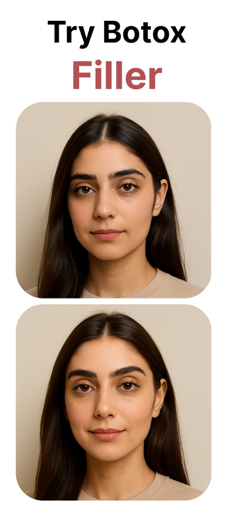 美容整形のためのボトックスとフィラーの顔のビフォーアフターシミュレーション。