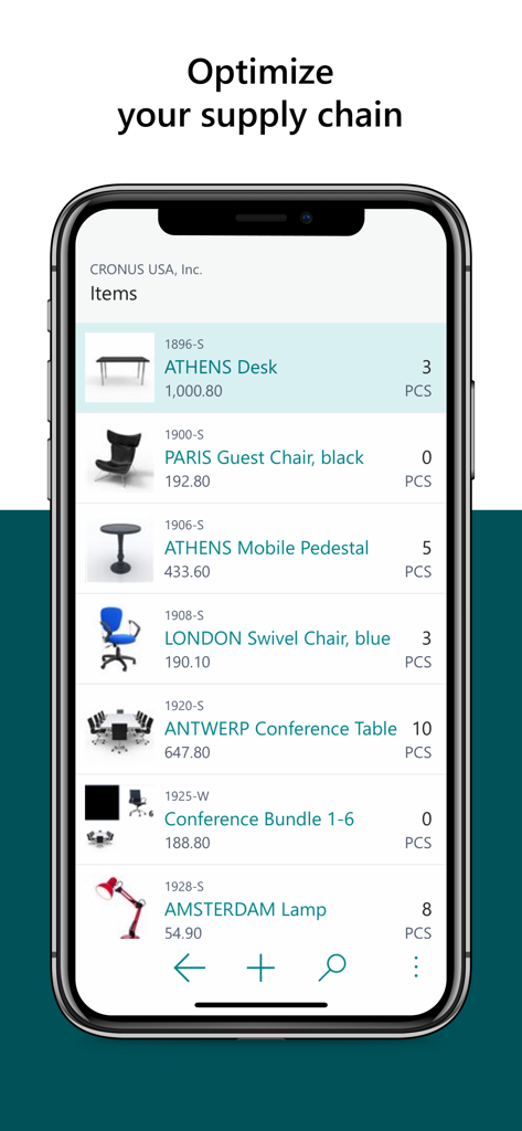 Aplicação móvel Microsoft Dynamics 365 Business Central que mostra uma lista de inventário de itens de mobiliário de escritório.