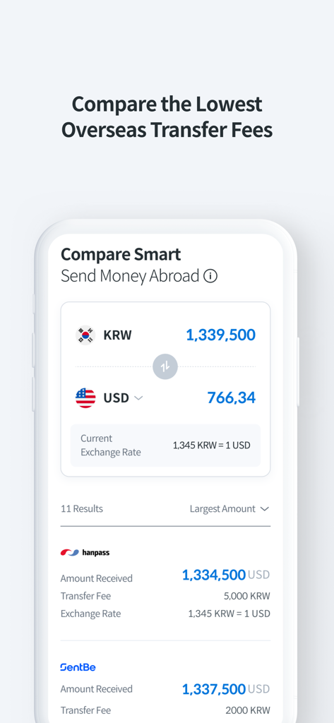 Bravo Korea 앱 화면. KRW에서 USD로의 해외 송금 수수료 및 환율을 비교합니다.