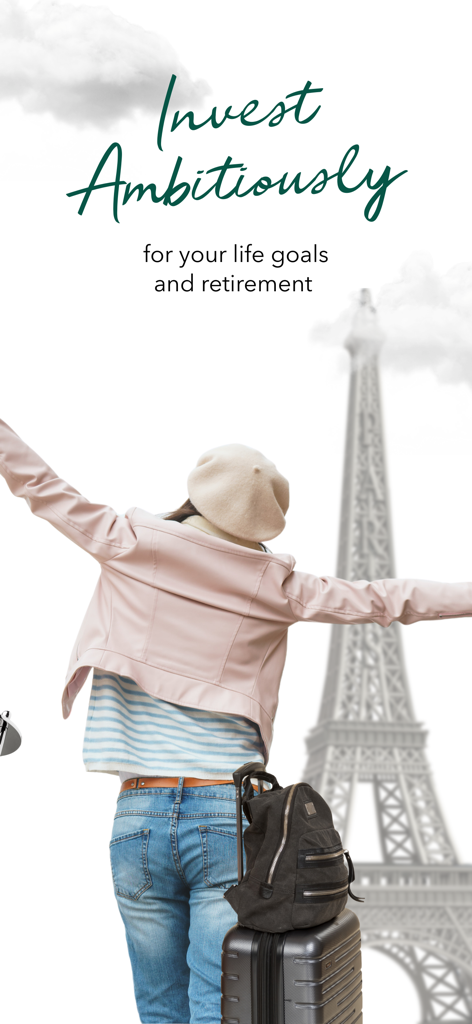 DragonFi – Stocks & Funds - Una donna con bagagli che guarda la Torre Eiffel con il testo Investi con ambizione per i tuoi obiettivi di vita e la pensione