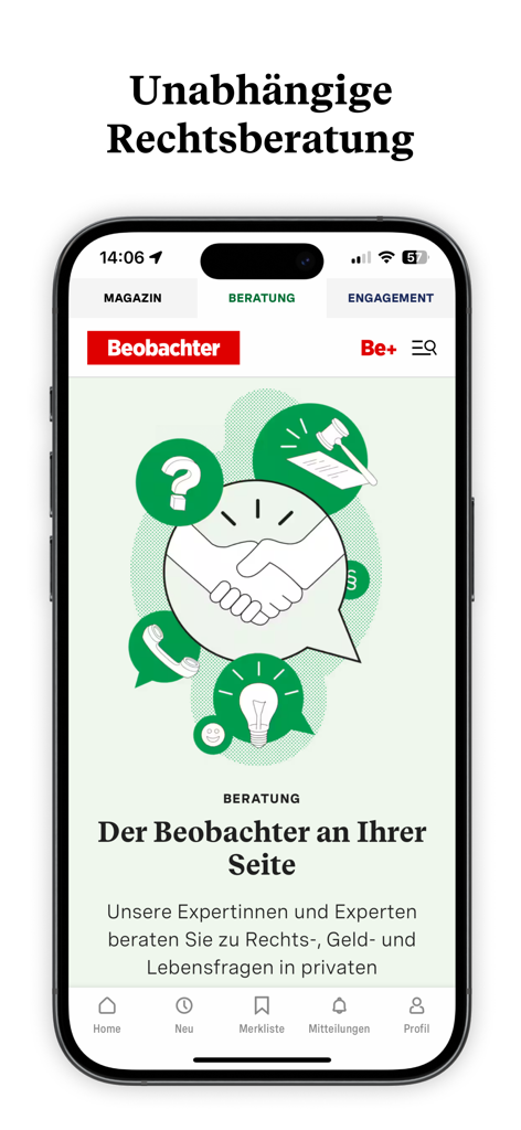Beobachter - Beobachter app interface showing the independent legal advice and expert consultation section.