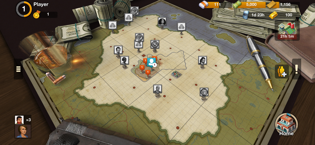 Narcos: Cartel Wars Unlimited - Mapa de planificación táctica en Narcos Cartel Wars que presenta una cuadrícula con íconos de personajes rodeados de efectivo y una pistola.