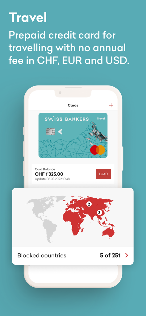 Swiss Bankers - Swiss Bankers app interface showing a travel prepaid card and the geoblocking security feature to block countries