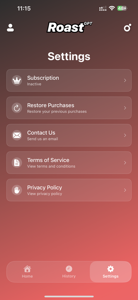 RoastGPT - AI Roast Generator - Settings menu of the RoastGPT app on iOS showing subscription and legal options