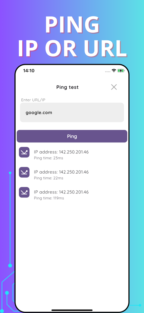 Wifi password auto - URLまたはIPアドレスのpingテスト機能を示すWiFi Toolアプリのスクリーンショット