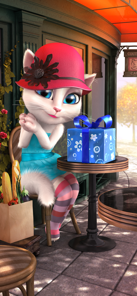 Talking Angela - Talking Angela in a red hat sitting at a Parisian cafe with a blue gift box