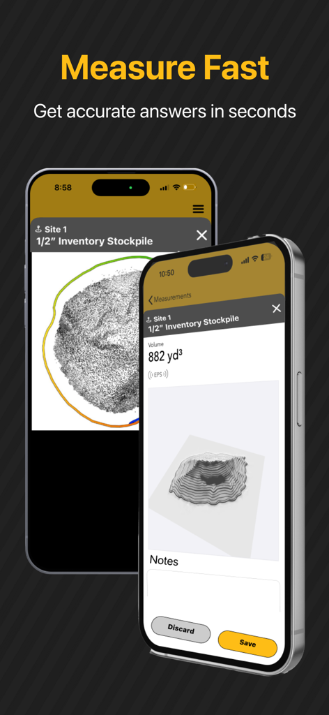 SR Measure - SR Measureアプリインターフェース、3D在庫モデルと体積計算結果を表示
