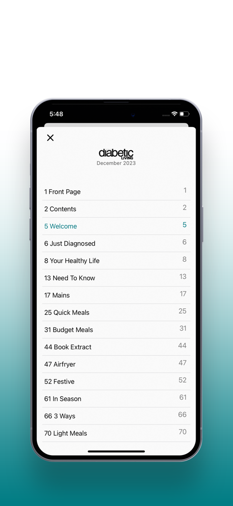 Diabetic Living Magazine - Digital table of contents for Diabetic Living Magazine showing various sections like quick meals and health advice.