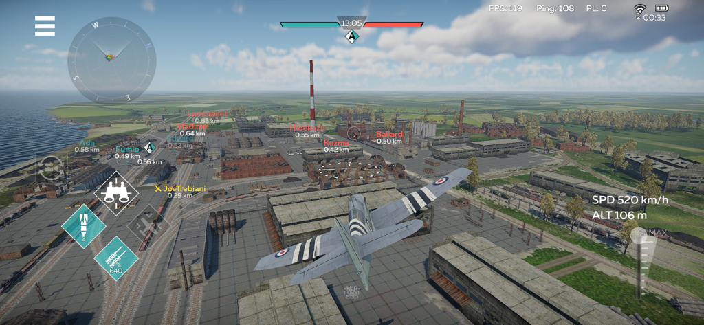 A military aircraft flying over an industrial factory zone during a match in War Thunder Mobile.