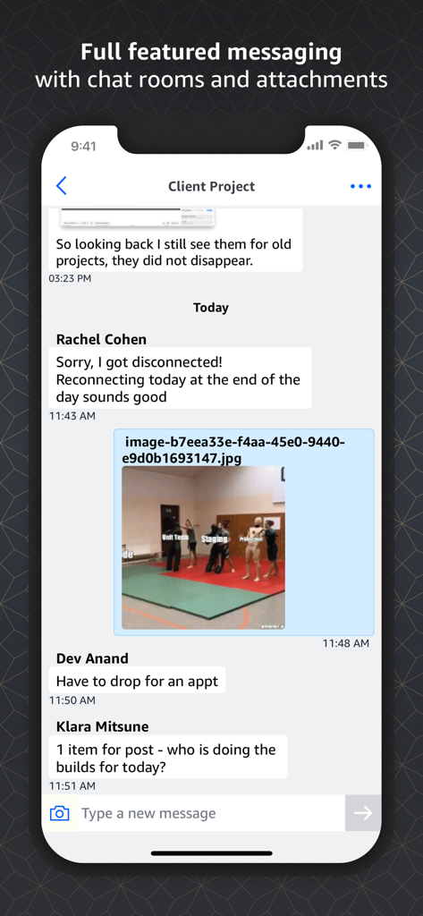 Amazon Chime mobile app messaging interface with chat rooms and image attachments