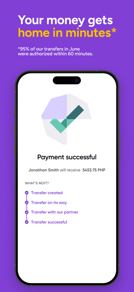WorldRemit app payment successful screen showing international transfer confirmation and tracking timeline