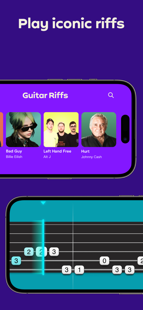 Interface de l'application Simply Tune montrant une bibliothèque de riffs de guitare populaires et un lecteur de tablature de guitare défilant