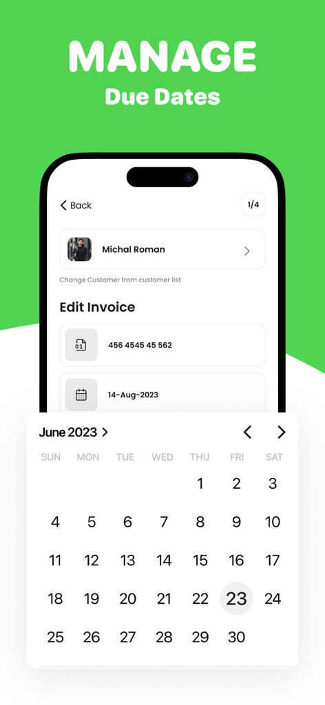 Invoice Maker - Simple Bills - Smartphone interface showing invoice due date management with an interactive calendar