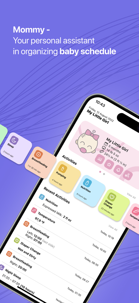 Mommy - Baby Tracker & Diary - Interfaz de la aplicación Mommy para rastrear bebés y diarios que muestra un organizador de horarios y registros de actividad para padres