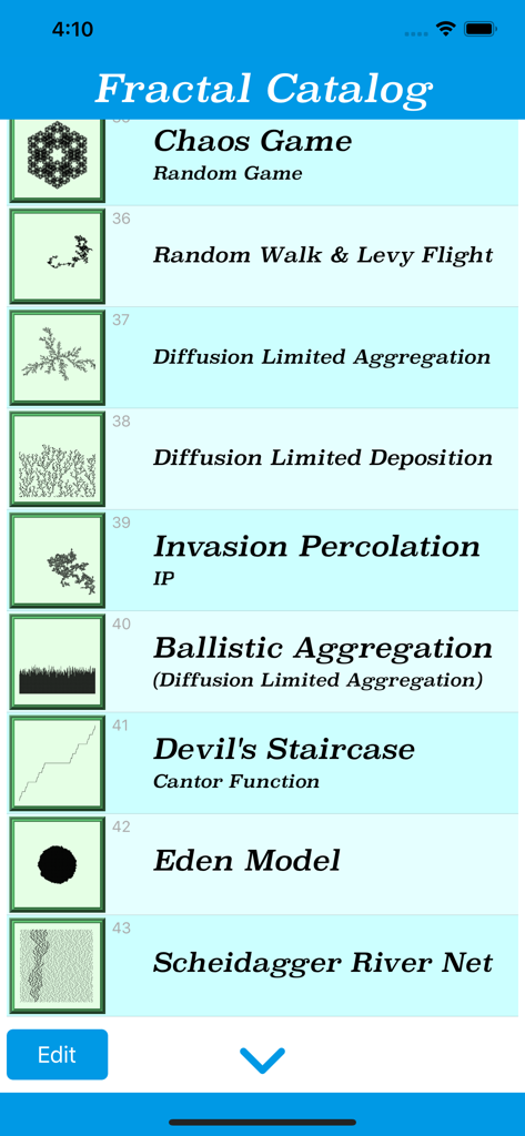Fractal Catalog - Una lista de varios modelos fractales matemáticos en la aplicación móvil Catálogo Fractal.
