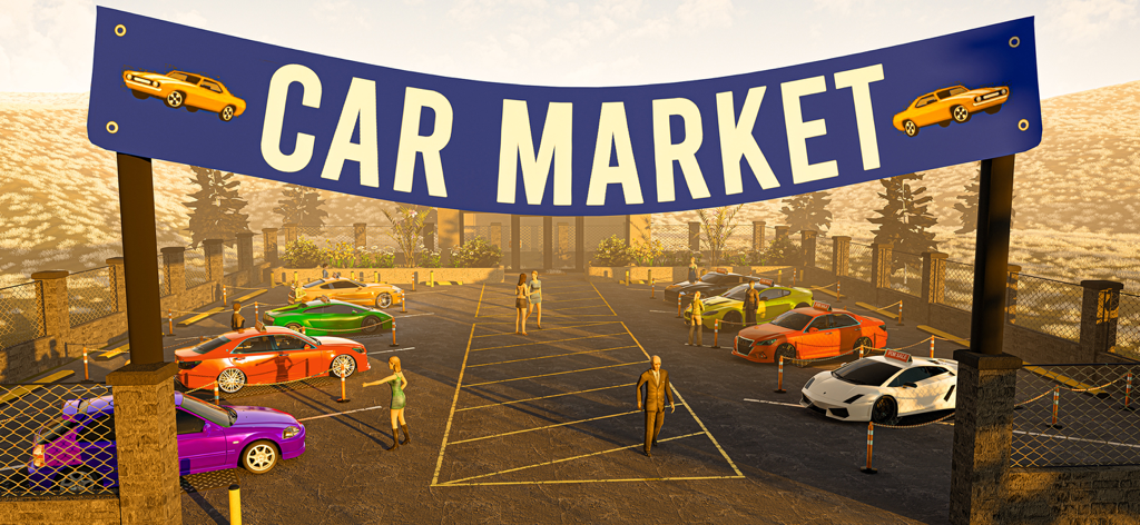 Car Trade Dealer Job Simulator - Un marché automobile extérieur avec une grande bannière bleue et diverses voitures de sport colorées à vendre