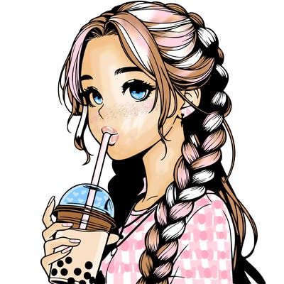 realistic girl with braided hair drinking boba