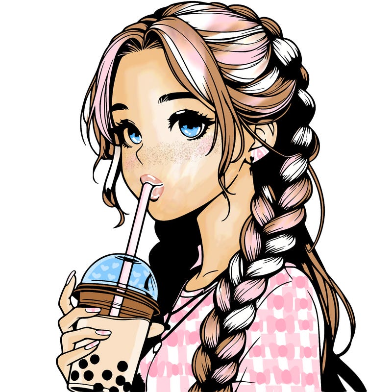 realistic girl with braided hair drinking boba