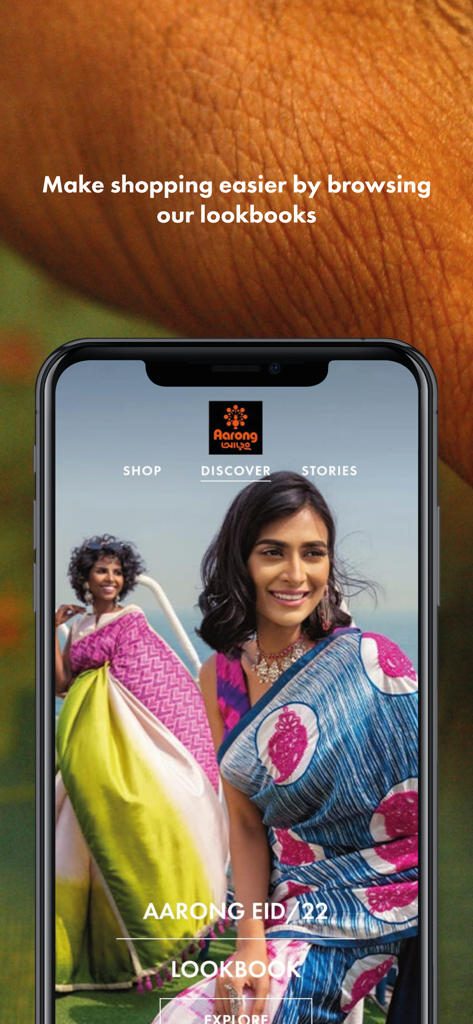 Aarong - Aarong mobile app screen showing a fashion lookbook with women wearing traditional saris.