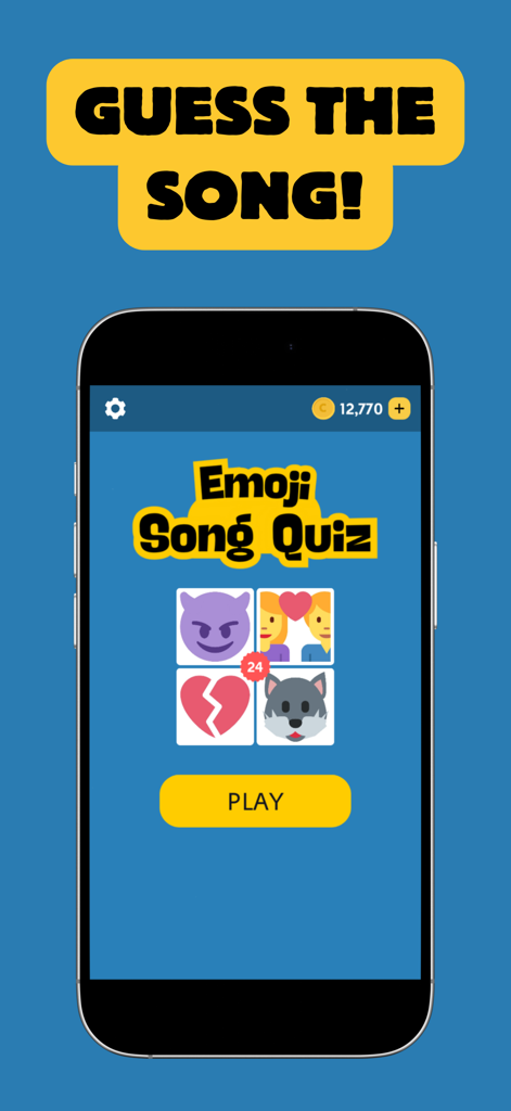 Pantalla de inicio del juego Adivina La Canción: Quiz de Emojis con un rompecabezas de música con emojis.