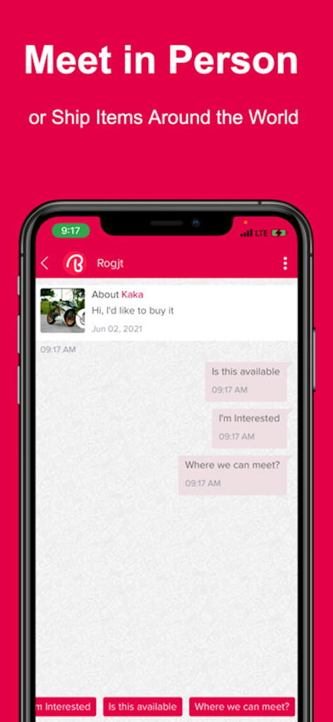 Buy Sell Now - Sell it, Letgo - 地域で商品の売買を行うためのチャットインターフェースを表示する携帯電話。