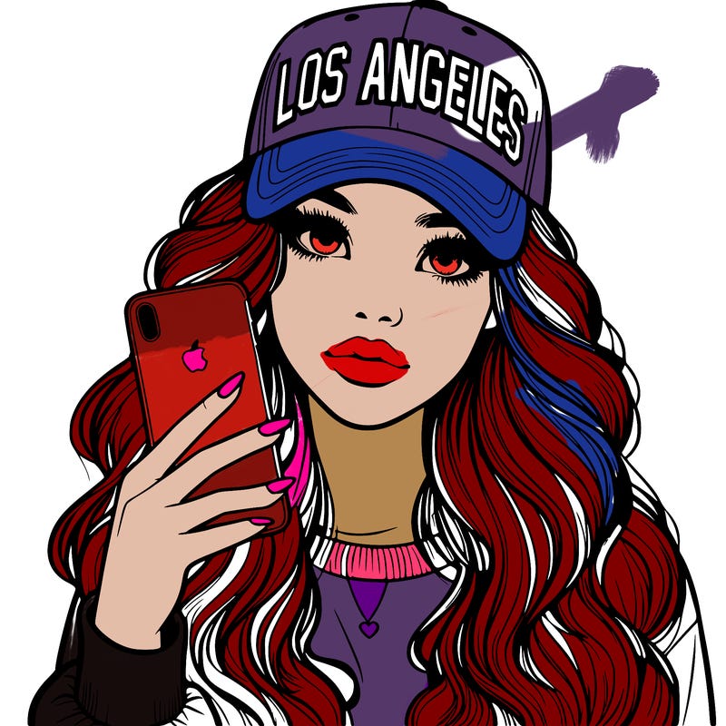 realistic beautiful girl wearing los ángeles cap holding an iphone