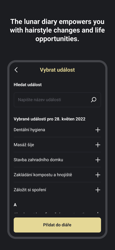 Lunarium: Diary & Calendar - 달의 일기에 추가할 라이프스타일 이벤트 및 활동을 선택하기 위한 Lunarium 앱 인터페이스.