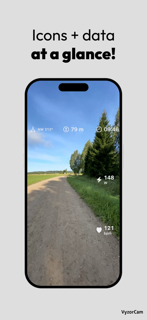 VyzorCam - VyzorCam app displaying live telemetry data icons over a POV cycling video on a dirt path