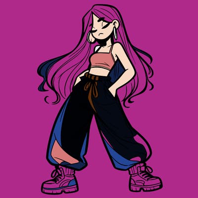 girl in baggy pants crop top and long hair