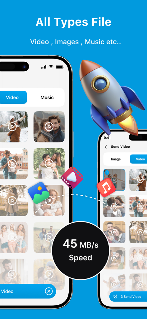 Interface of ShareMe app showcasing fast file transfer speeds and media sharing