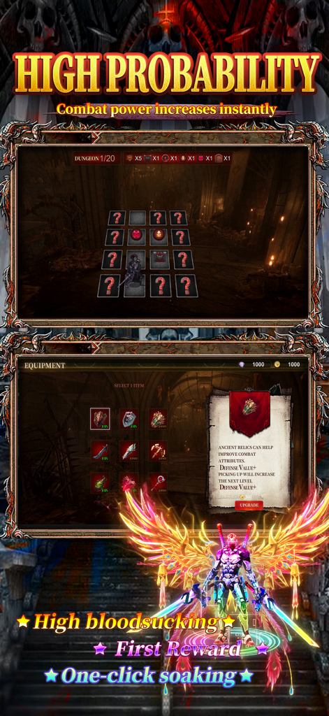 Equipment upgrade and ancient relics interface in Abyssal Crusader showing a high level winged character