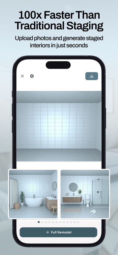 Virtual Staging AI - Stager - AI app interface showing a real estate property bathroom before and after virtual staging