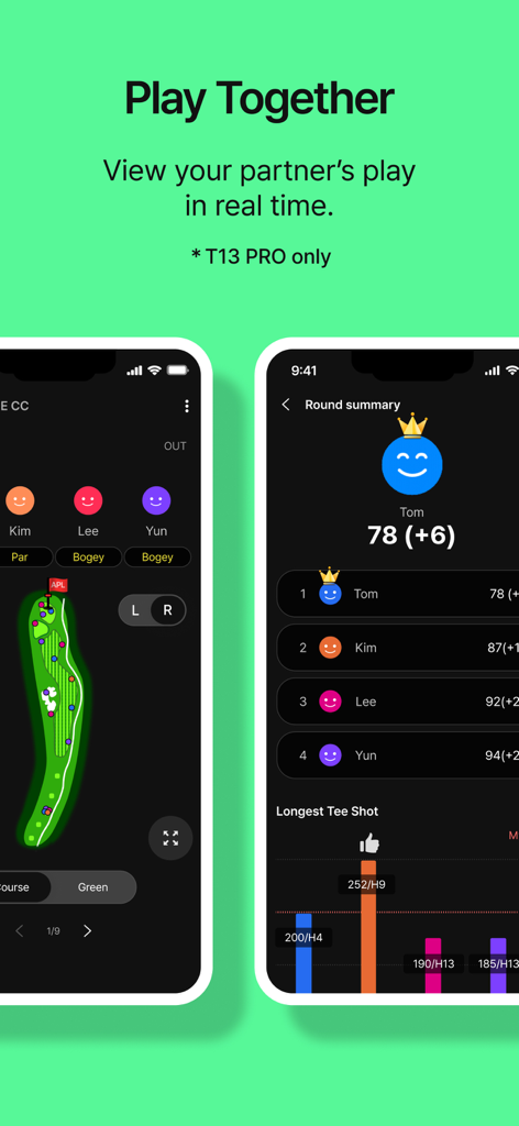 VOICE CADDIE Golf - Voice Caddie Golf App-Oberfläche, die Echtzeit-Spielerverfolgung auf einer Platzkarte und eine Rangliste der Rundenübersicht anzeigt